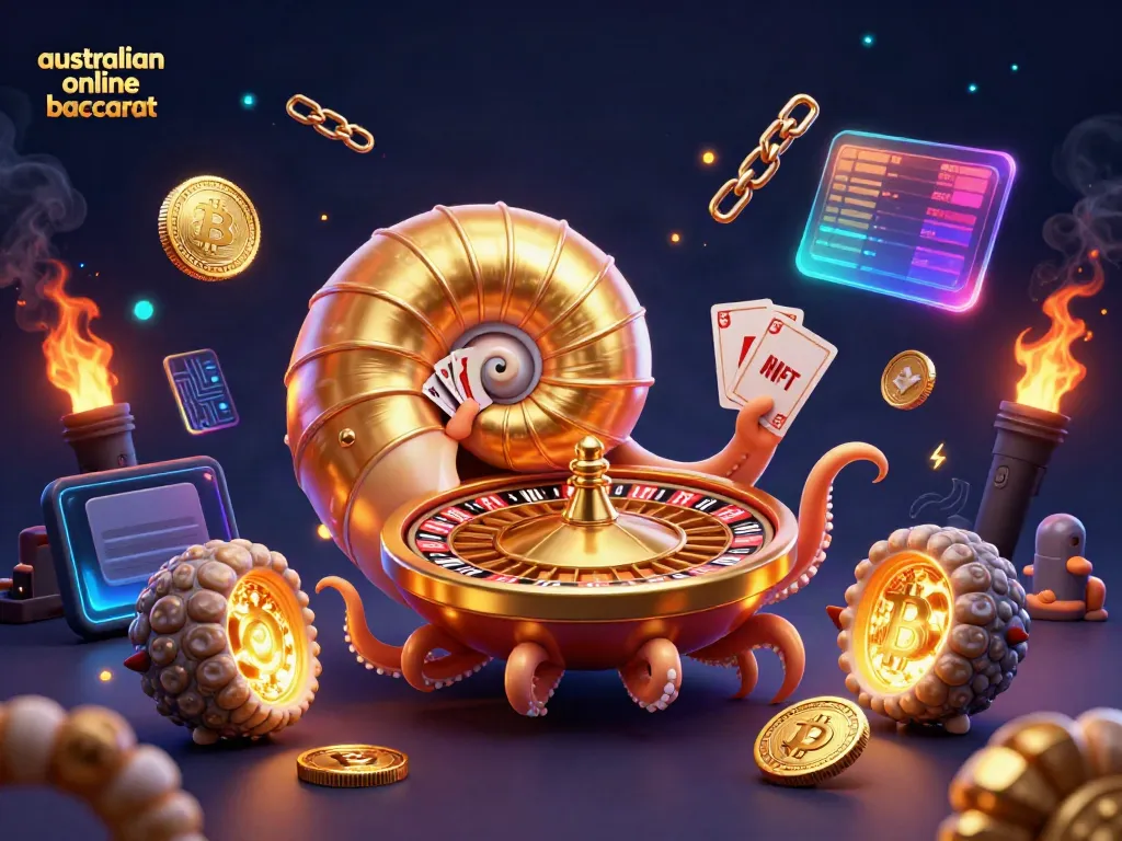 Engage in australian online baccarat with a vibrant scene featuring a giant nautilus and glowing ammonites.