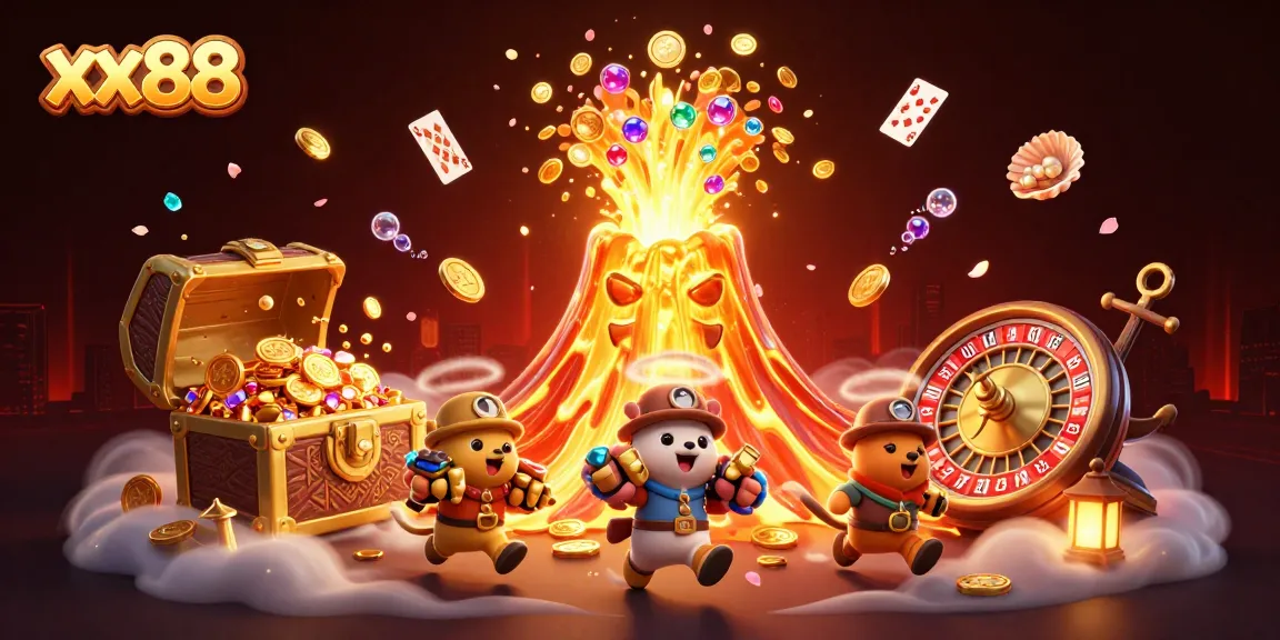 Win treasures at xx88 with an epic casino adventure illustration featuring gold coins and vibrant game elements.