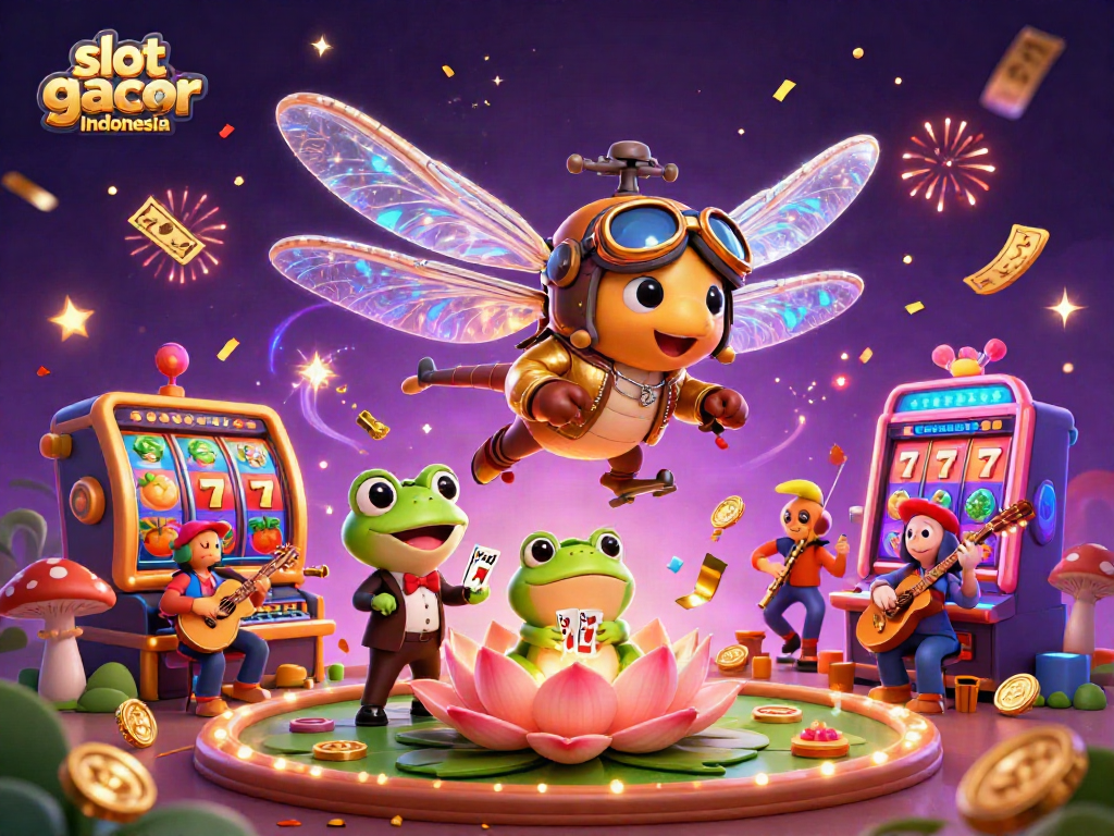 Experience the excitement of slot gacor Indonesia with vibrant characters and dynamic gaming elements in a lively casino scene.