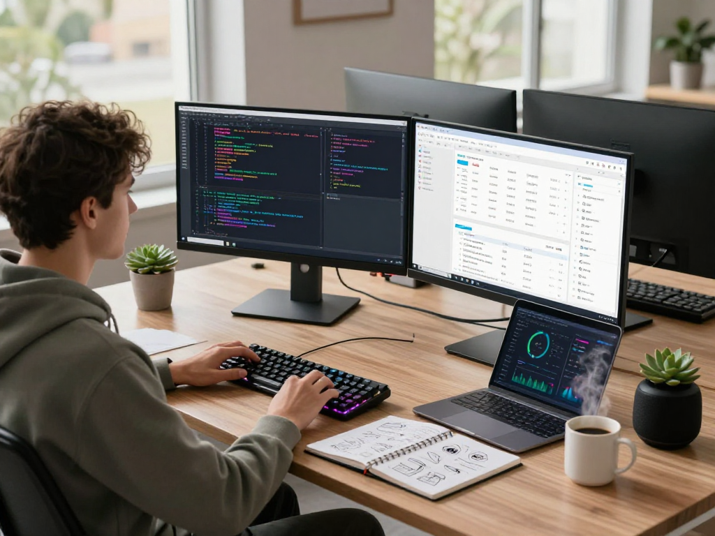 Engineer working on net88 software in a modern tech workspace with multiple monitors and dynamic lighting.