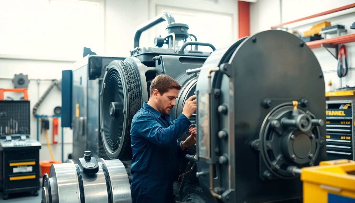 Technician performing equipment service on heavy machinery in a professional workshop.
