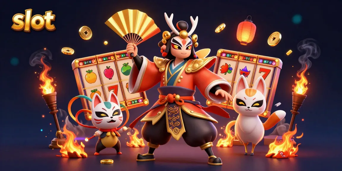 Spin the slot reels with vibrant characters, showcasing a 3D kabuki warrior and lucky symbols.