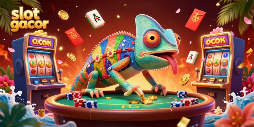 Slot gacor menampilkan chameleon kasino dan mesin slot berputar menarik uang di tengah suasana meriah.