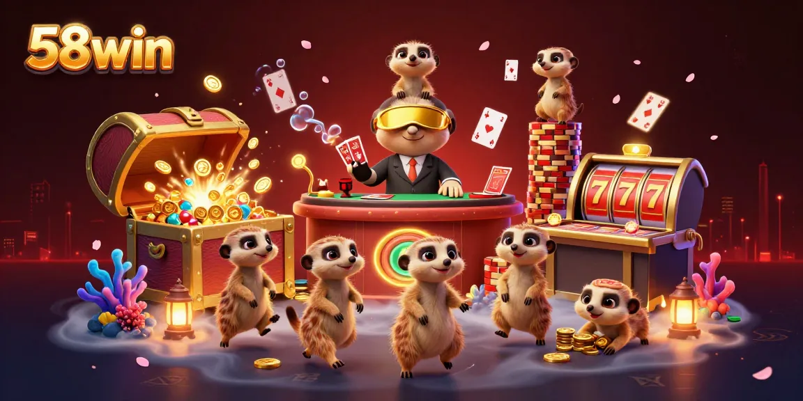 58win showcases lively meerkats managing a vibrant casino theme with slot reels and treasures.