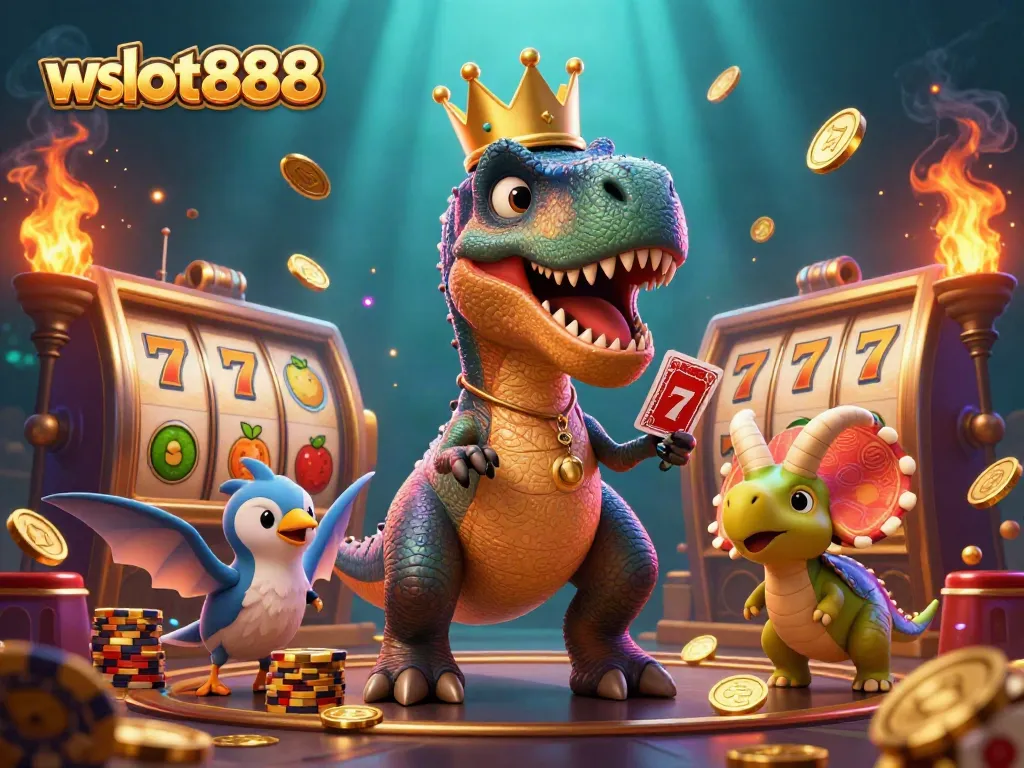 Permainan bergaya wslot888 dengan karakter kartun 3D yang bersenang-senang, termasuk dinosaurus dan kasino bertema slot.