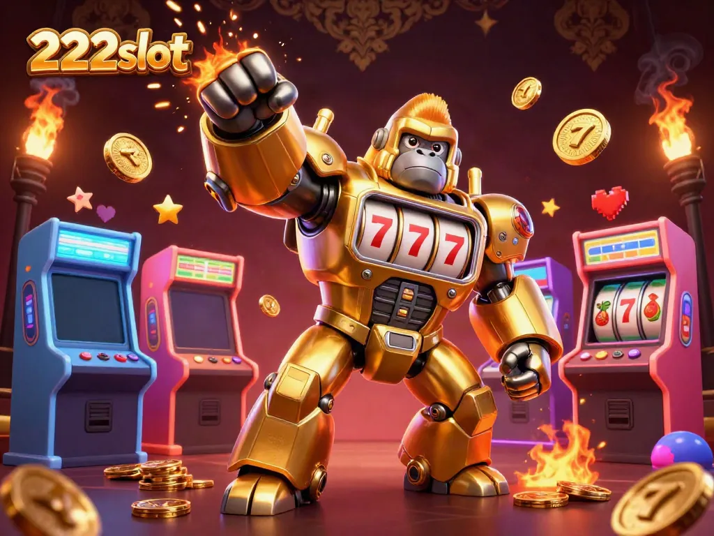 Gorila emas mekanik dan mesin permainan slot berinteraksi di dunia 222slot yang penuh warna.