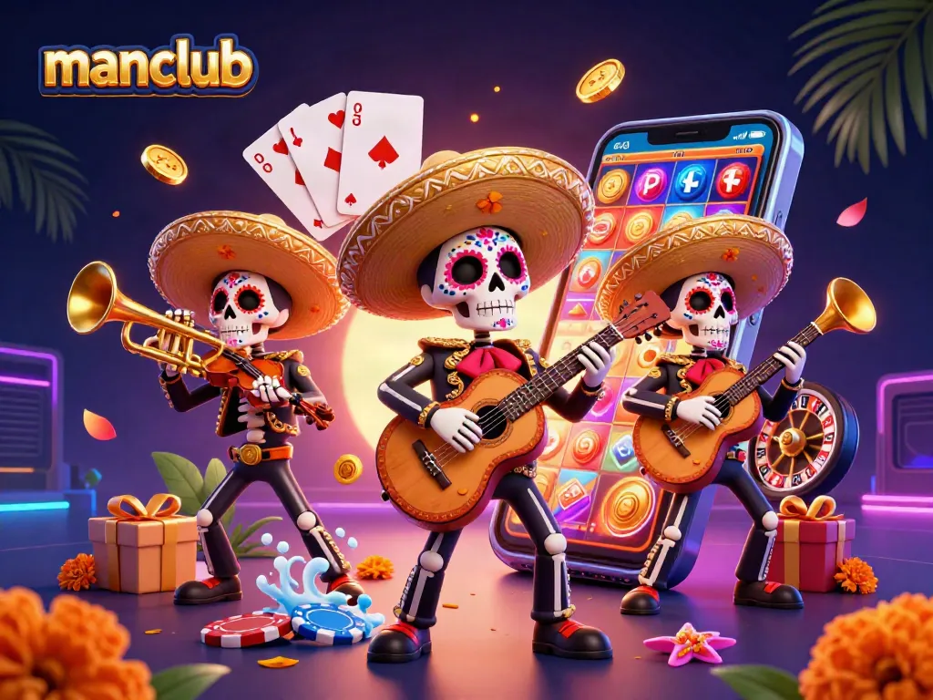 Engage with manclub's dynamic gambling experience, featuring vibrant 3D mariachis, slot games, and casino elements.