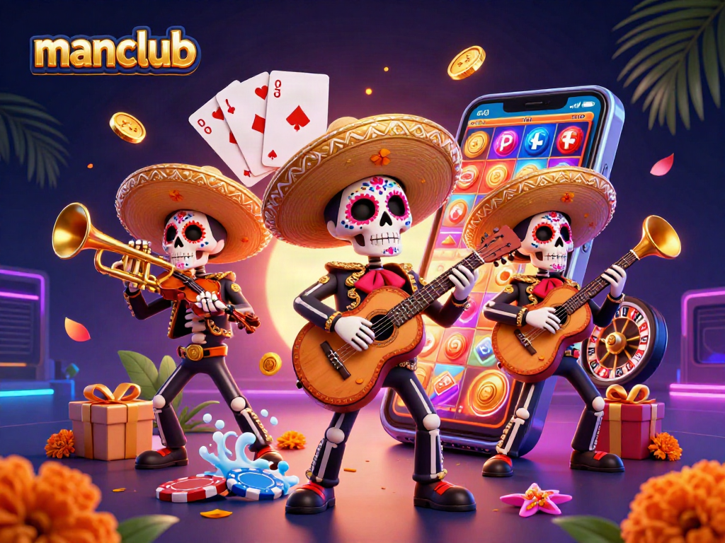 Engage with manclub's dynamic gambling experience, featuring vibrant 3D mariachis, slot games, and casino elements.