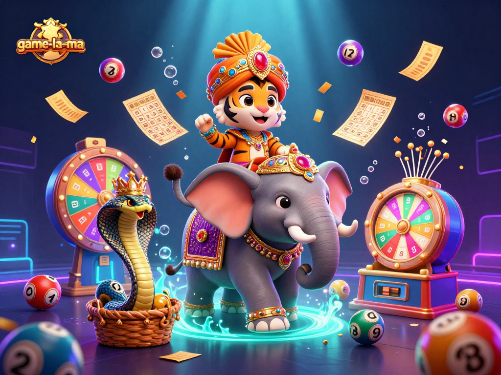 Experience thrilling games at game-la-ma with a colorful casino illustration featuring lottery elements.