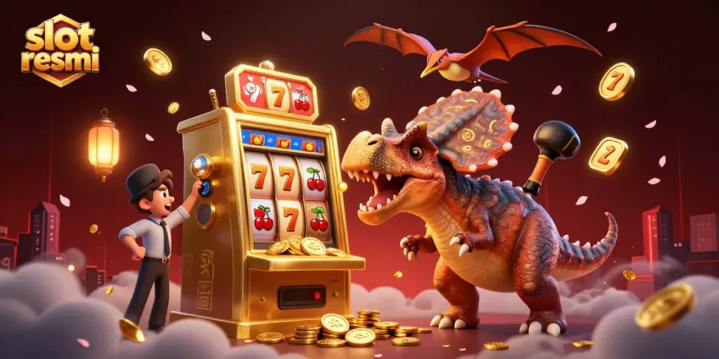 Catch the thrill at a slot resmi with pachycephalosaurus hitting the jackpot surrounded by vibrant casino elements.