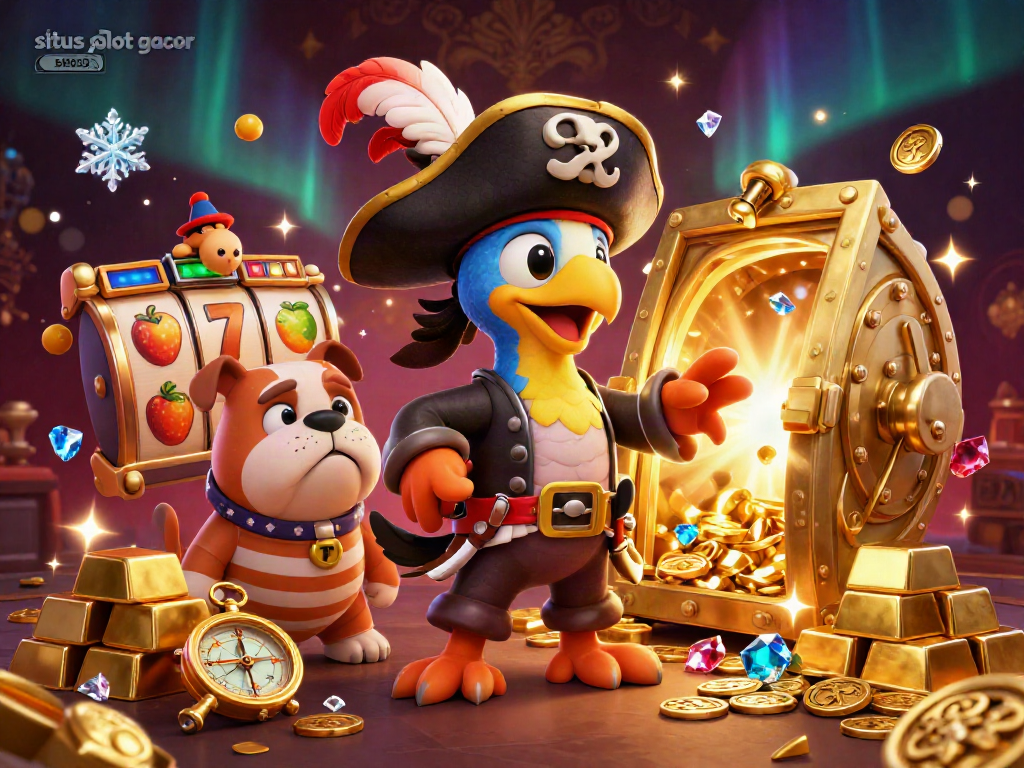 Menangkan situs slot gacor dengan ilustrasi 3D yang menampilkan karakter bajak laut dan simbol permainan yang menarik.