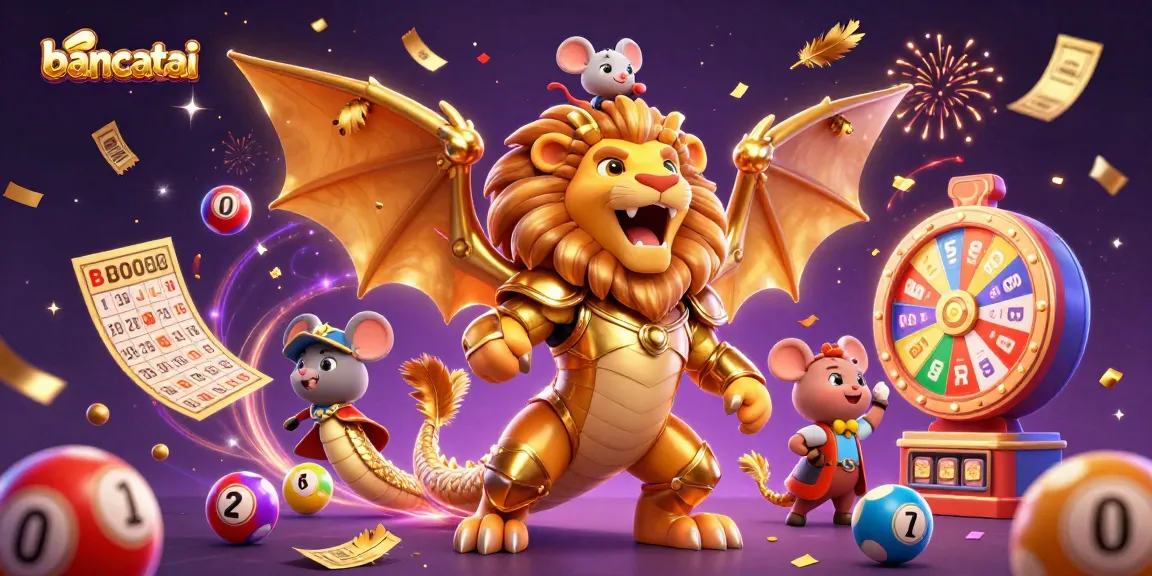 Bancatai showcases a lively lottery scene with a golden chimera and vibrant lottery elements.
