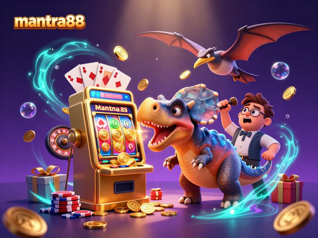 Win jackpots at mantra88 with vibrant 3D cosmic casino illustration including exciting slot games