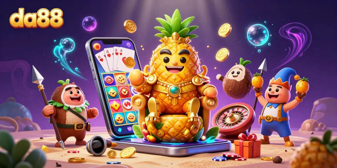 Engage with da88's vibrant 3D illustration featuring thrilling casino adventures and golden icons.