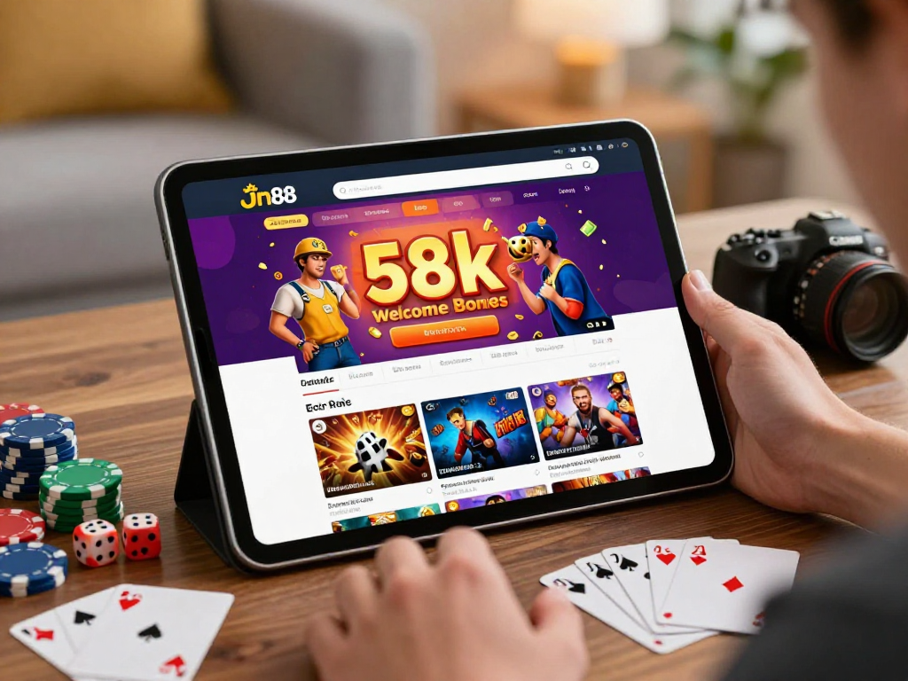 Giao diện Jin88 trên tablet với khuyến mãi 58k, khung cảnh chơi game thoải mái.