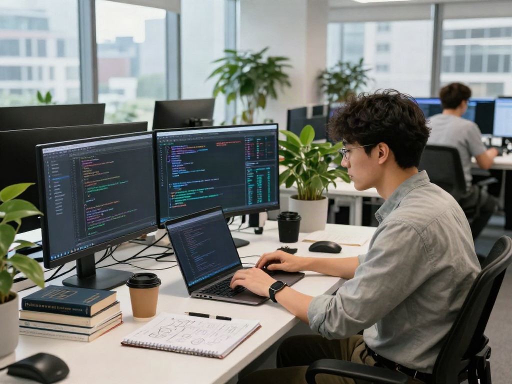 Focused software engineer exploring crush on ai development in a modern workspace with multiple monitors.