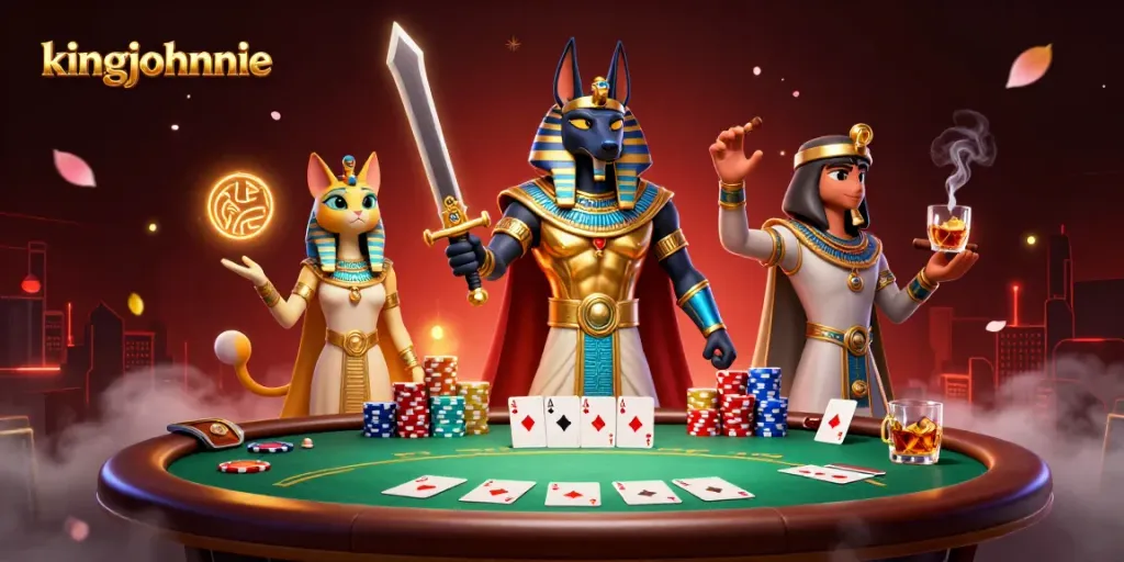 Play exciting poker at kingjohnnie with Anubis and Bastet in a richly detailed scene.