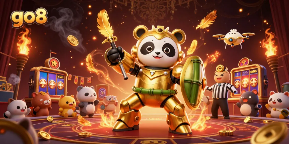 Engage in thrilling action at go8 casino with a vibrant 3D illustration of a golden panda mech battling in a vibrant casino arena.