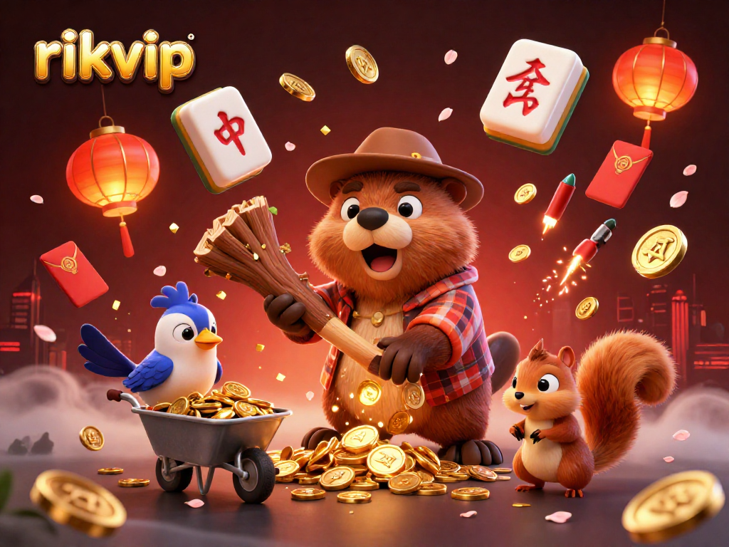 Experience rikvip excitement as a cartoon beaver chops a tree raining golden coins in a vibrant casino scene.