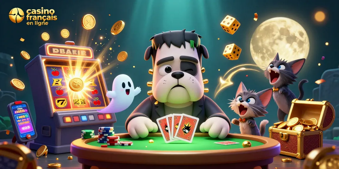 Jouez au casino français en ligne avec un bulldog Frankenstein à une table de jeux animée.