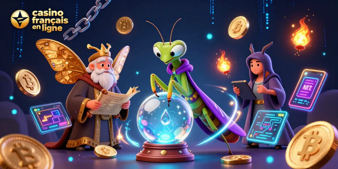 Profitez d'un casino français en ligne avec une illustration captivante d'une mantisse et d'un papillon.