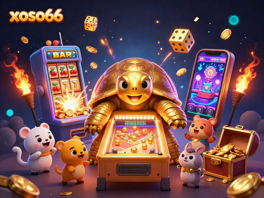xoso66 gaming excitement with a golden tortoise pinball machine and slot madness