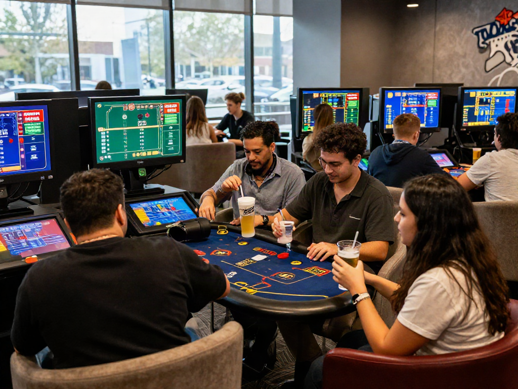 Dynamic gaming community discussing 먹튀스팟 검증사이트 in vibrant lounge environment.