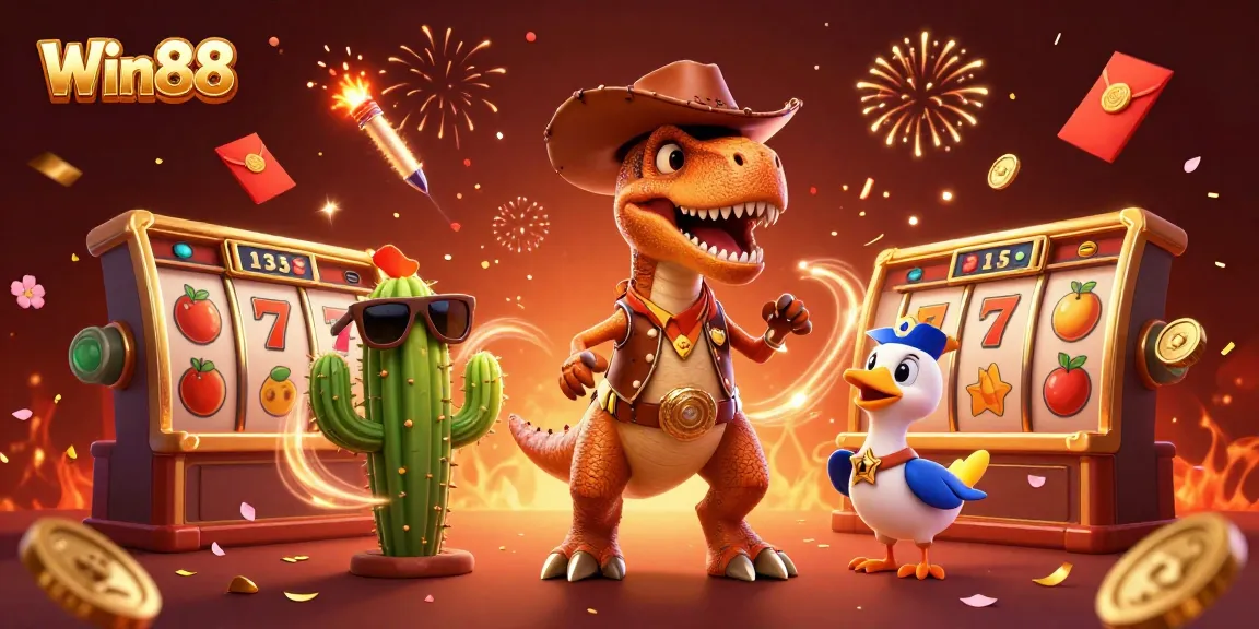 Spinning the jackpot with Win88's casino theme, featuring a dinosaur cowboy and friends.