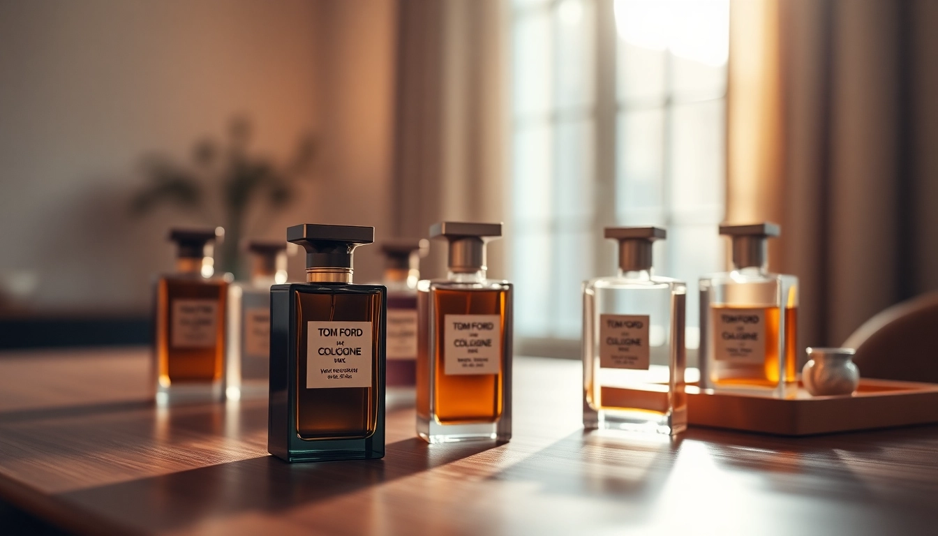 Showcasing Tom Ford cologne sample with elegant bottle design and warm lighting.