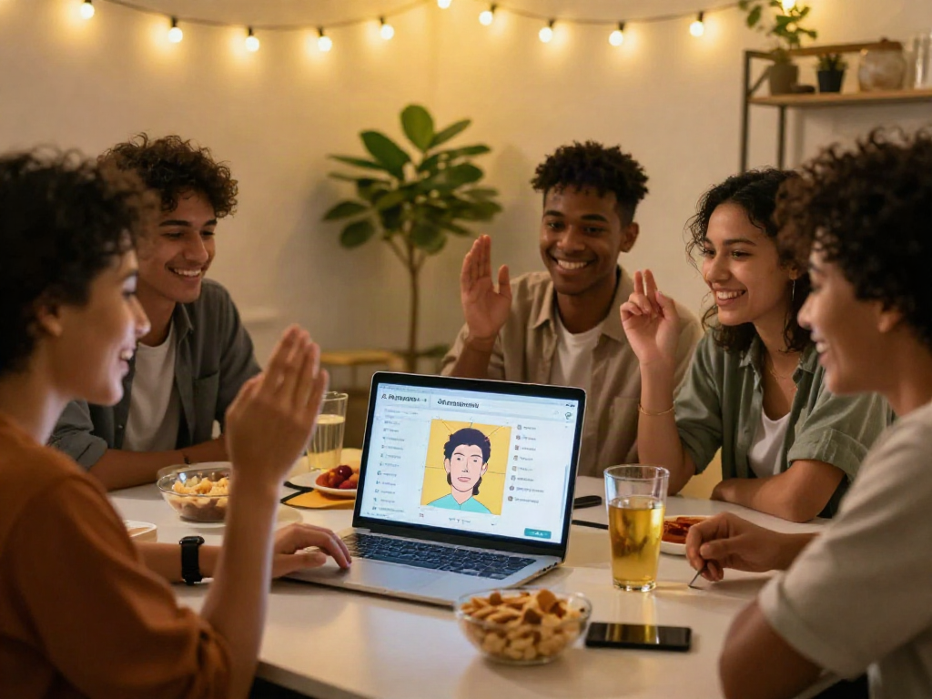 Group of friends enjoying a fun test of attractiveness session indoors, analyzing facial features on a laptop.