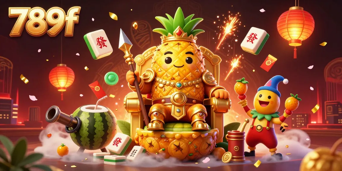 Engage with 789f's dynamic beach casino scene, featuring golden pineapple king and festive elements.