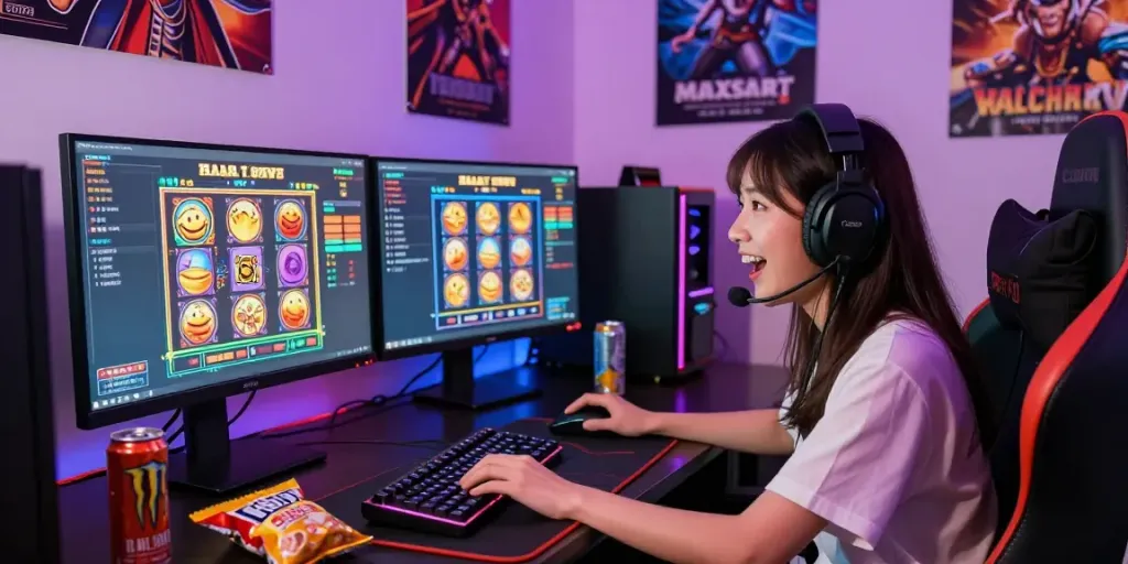 Player enjoying an immersive online gaming experience with slot gacor maxwin games on multiple colorful monitors in a vibrant gaming setup.