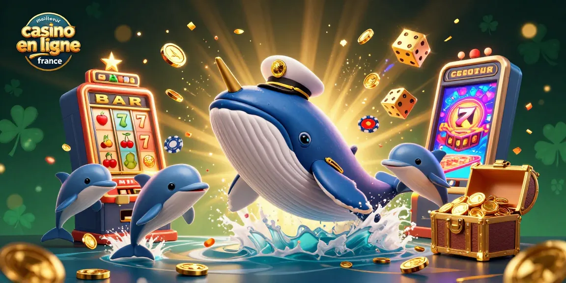 Illustration de meilleur casino en ligne France avec une baleine et des dauphins au milieu de pièces d'or
