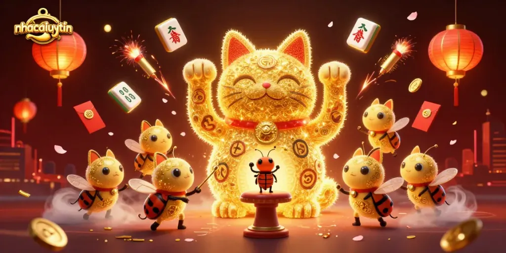 Experience the vibrant world of casino excitement with nhacaiuytin's golden lucky cat and fireflies amidst dazzling symbols.