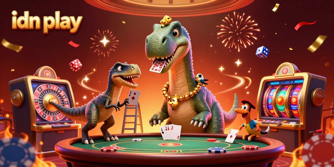 Engage with idn play in a vibrant casino scene featuring a giant brontosaurus and raptor dealer.