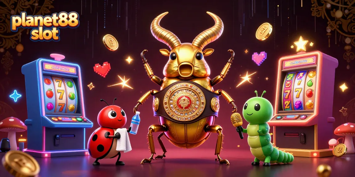 Play exciting games at planet88 slot featuring a giant golden stag beetle and electrifying slot machines.