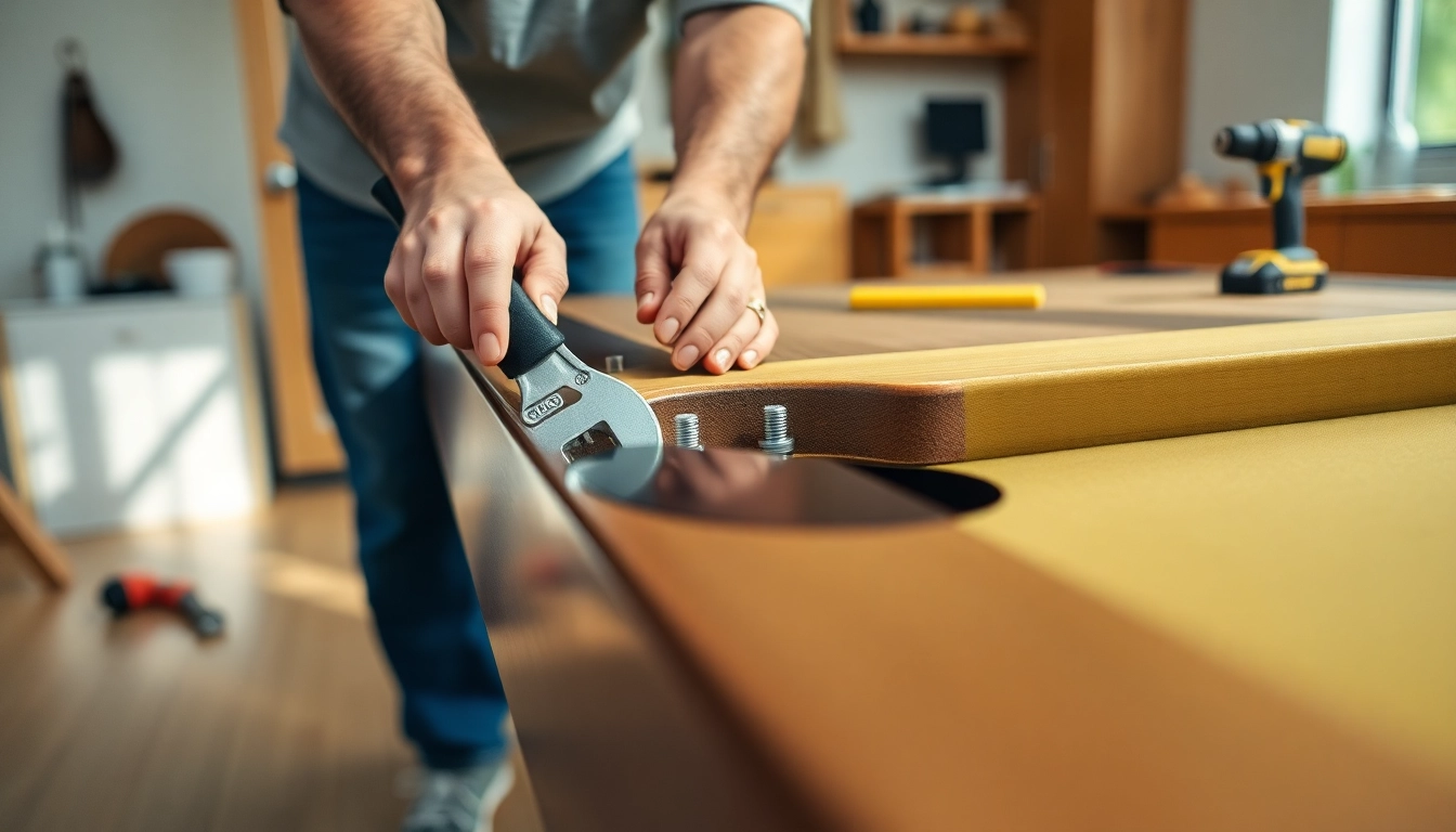 Illustrating Pool Table Disassembly, a person meticulously unbolting a rail in a well-organized workspace.