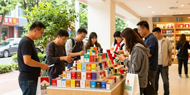 Buy cheap cigarette online Australia in a vibrant tobacco shop with shoppers enjoying great deals.