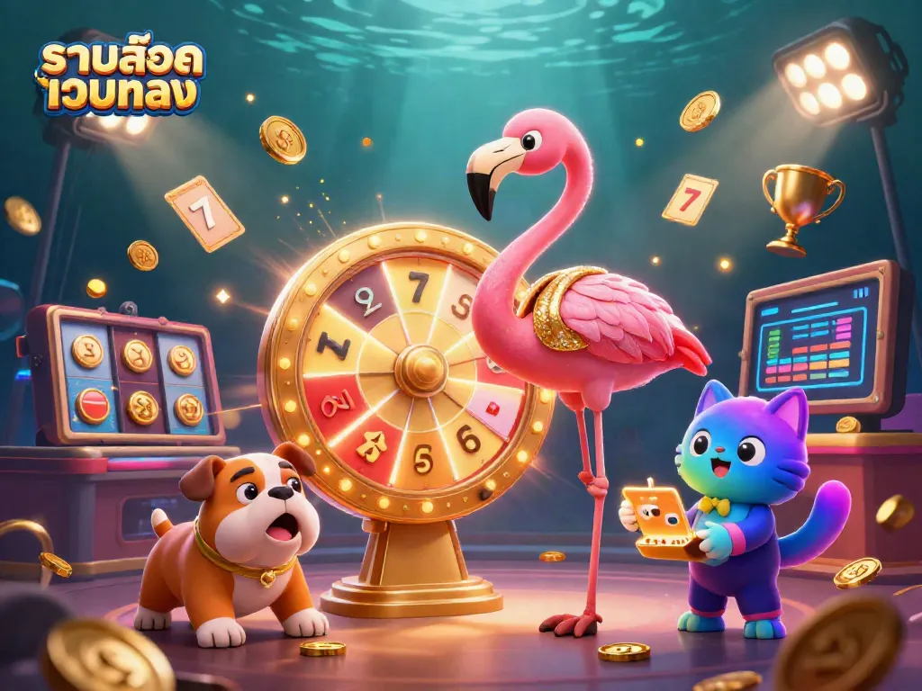 Excited bulldog celebrating with flamingo game show host in a lively setting showcasing รวมสล็อตเว็บตรง casino themes.