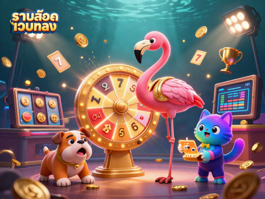 Excited bulldog celebrating with flamingo game show host in a lively setting showcasing รวมสล็อตเว็บตรง casino themes.