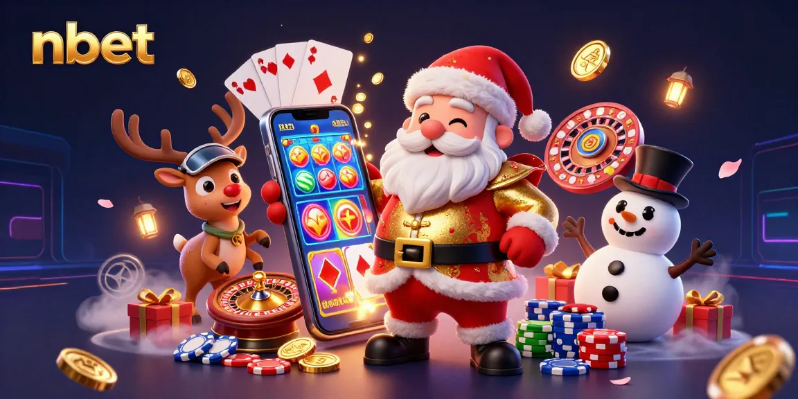 Experience the excitement of nbet with Santa and friends at a vibrant casino scene.