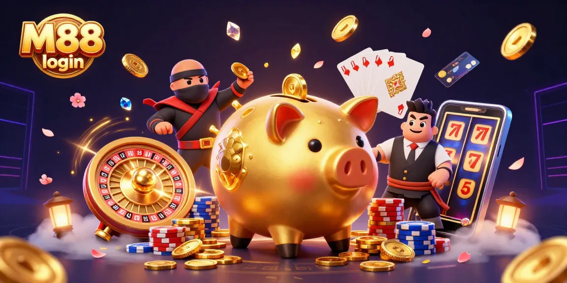 Experience M88 login with vibrant characters and casino elements in this dynamic illustration.