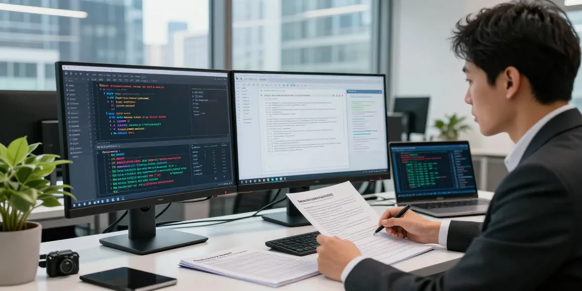 Document fraud detection solution in a modern office showcasing data analysis on digital screens, highlighting professional verification techniques.