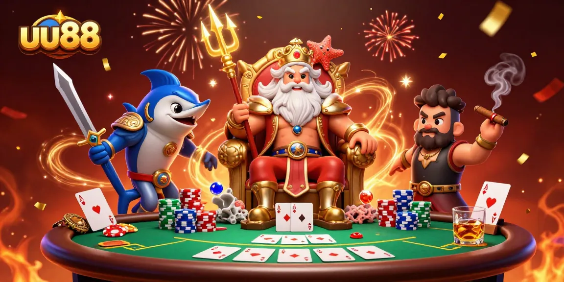 Engage in thrilling gameplay at uu88, featuring a vibrant online casino scene with Neptune and poker elements.