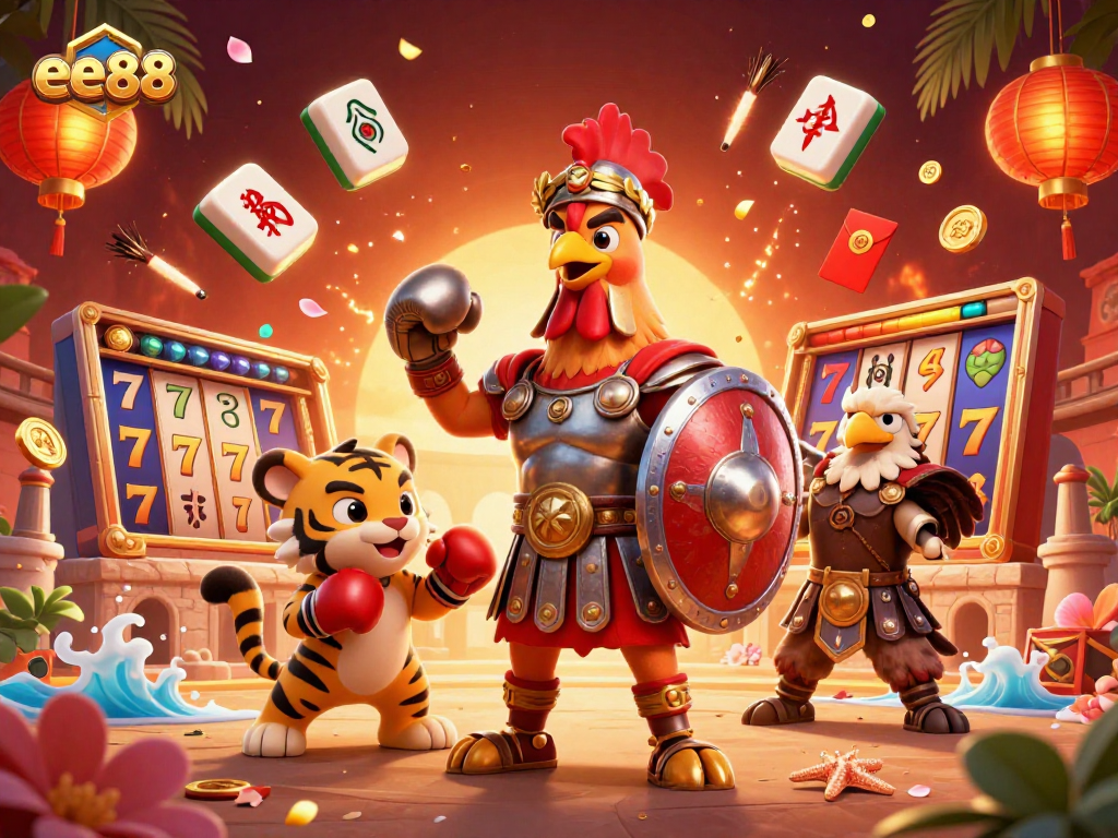 Engage in thrilling adventures at ee88: our 3D casino illustration captures vibrant slot action and lively characters.