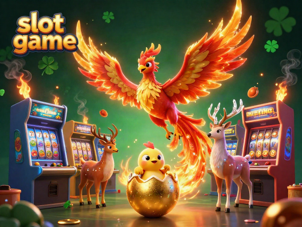 Experience thrilling moments in the slot game illustrated with a majestic phoenix, arcade elements, and jackpot symbols.