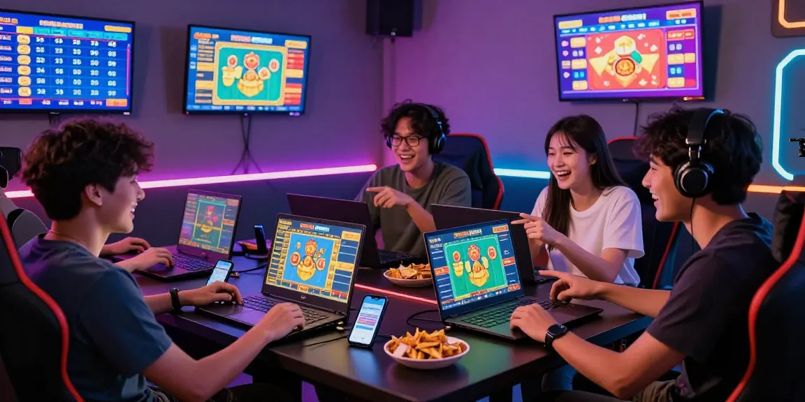 Friends playing Bandar Togel online lottery game with laptops and snacks in a bright gaming room.