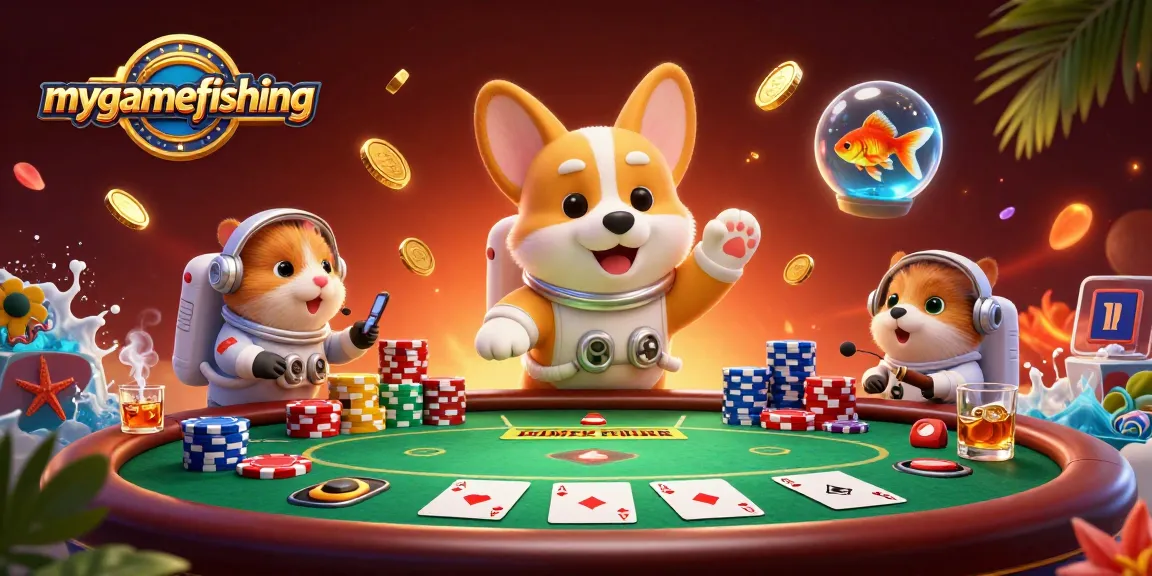 Play exciting games with mygamefishing as corgi astronaut bets amidst floating chips and treasures.