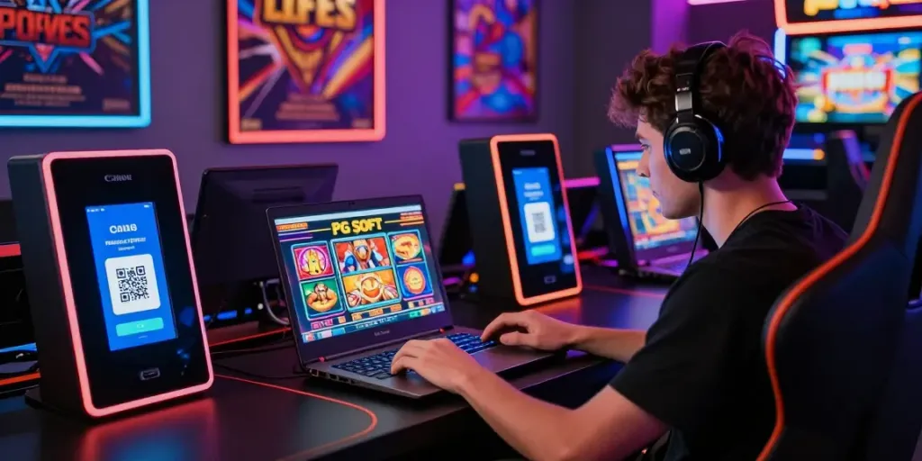 Engaged player enjoying slot gacor thailand on a modern gaming setup with vibrant accessories.
