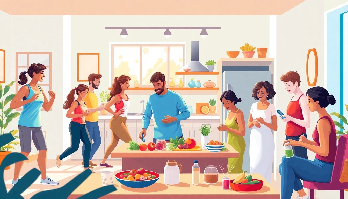 Individuals actively participating in diabetes management through healthy cooking, exercise, and monitoring their blood sugar levels.